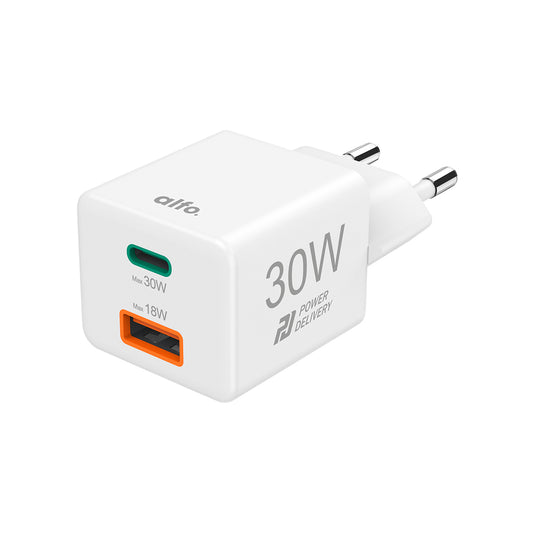 alfo. minisnellader wit 30 W, PD, 1x USB-C + 1x USB-A, Snellader