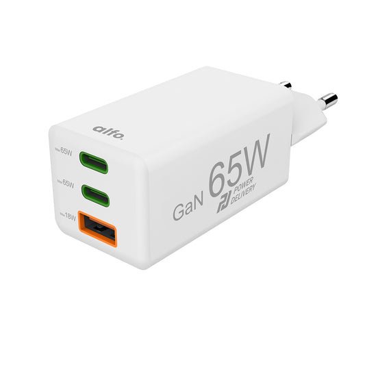 alfo. minisnellader GaN wit 65 W, PD, 2x USB-C + 1x USB-A, Snellader